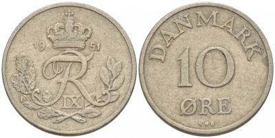 Дания 10 эре 1951 N; S, Фредерик IX (1947-1972) KM 841 медно-никель 3718-337