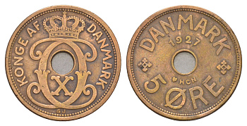 Дания 5 эре 1927 HCN, Кристиан X (1912-1947) KM 828 бронза 4657-233