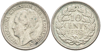 Нидерланды 10 центов 1938 Вильгельмина I (1890-1948) KM 163 серебро 188-642