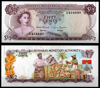 Багамские острова (Багамы) 1/2 доллара 1965 Елизавета II (1952-2022) Pick 17 бумага aUNC 451-1206-2