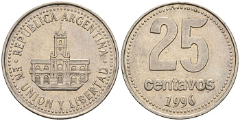 Аргентина 25 сентаво 1996 ратуша Буэнос-Айреса KM 110a, CJ 4.4.2, Schon 111a медно-никель    60-435
