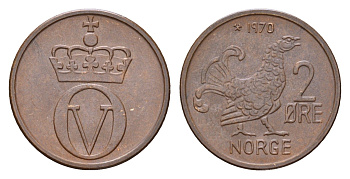 Норвегия 2 эре 1970 Улаф V (1957-1991) KM 410 бронза 4588-563