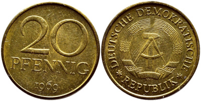 ГДР 20 пфеннигов 1969 А, первый год KM 11 латунь UNC 4395-251