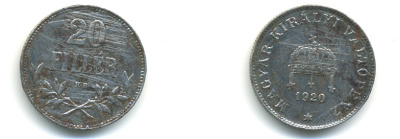 Венгрия 20 филлеров 1920 КВ, Карл I (1916-1918), редкий год KM 498 железо 93-427