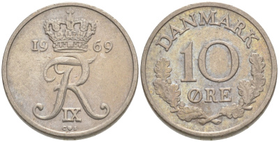 Дания 10 эре 1969 C,S, Фредерик IX (1947-1972) KM 849.1 медно-никель UNC 187-651