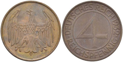 ГЕРМАНИЯ 4 РЕЙХСПФЕННИГА 1932 A, ВЕЙМАРСКАЯ РЕСПУБЛИКА KM 75, J.315, Weege 5 медь 202-231