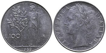 ИТАЛИЯ 100 ЛИР 1969 R, АФИНА KM 96.1 сталь 3334-123