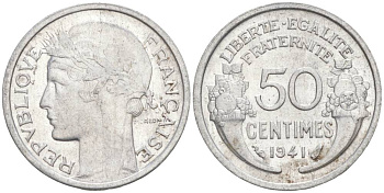 ФРАНЦИЯ 50 САНТИМОВ 1941 ТИП MORLON LOURDE KM 894.1a, LE FRANC 193.2 алюминий 44-167