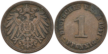 Германия 1 пфенниг 1911 A KM 10, J. 10 медь 4576-129