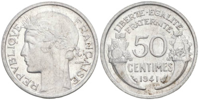 ФРАНЦИЯ 50 САНТИМОВ 1941 ТИП MORLON LOURDE KM 894.1a, LE FRANC 193.2 алюминий 44-167