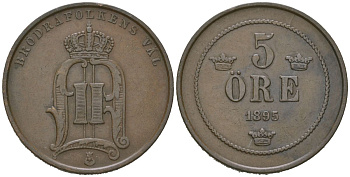 Швеция 5 эре 1895 Оскар II (1872-1907) KM 757 бронза 4171-733