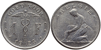 Бельгия 1 франк 1923 Belgie, Альберт I (1909-1934) KM 90 никель 4610-853