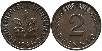 ФРГ 2 пфеннига 1963 F KM 106, J.381 бронза 99-129