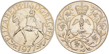 Великобритания 25 пенсов 1977 25 лет со дня коронации Елизаветы II KM 894, Spink 4136 медно-никель UNC 4558-423