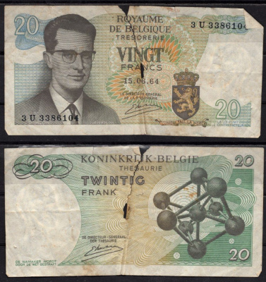Бельгия 20 франков 1964 Бодуэн I; Атомиум, Брюссель Pick 138 (3) бумага 7548-115-2-1
