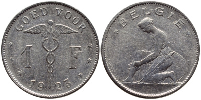 Бельгия 1 франк 1923 Belgie, Альберт I (1909-1934) KM 90 никель 4610-853