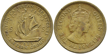 Британские Восточно-Карибские территории 5 центов 1955 Елизавета II (1952-2022), парусник KM 4 никель латунь 89-1741