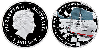 Австралия 1 доллар 2007 60 лет станции Дэвис, австралийские антарктические территории, ледокол, цветная эмаль, коробка PROOF SH2