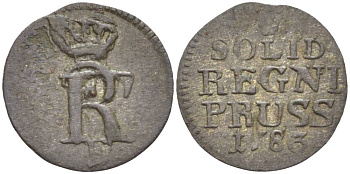 Польша, Восточная Пруссия 1 солид 1783 Е, Фридрих II Прусский (1740-1786), вес 0,63 гр., монетный двор Кенигсберг KM 6b, Olding 238 серебро 1517-1235