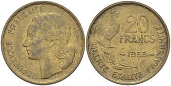 ФРАНЦИЯ 20 ФРАНКОВ 1953 ПЕТУХ, KM 917.1 алюминиевая бронза 4544-417