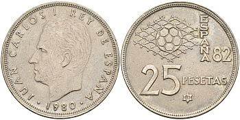 Испания 25 песет 1981 (80), Хуан Карлос I, чемпионат мира по футболу Испания 82 KM 818 медно-никель 4144-224