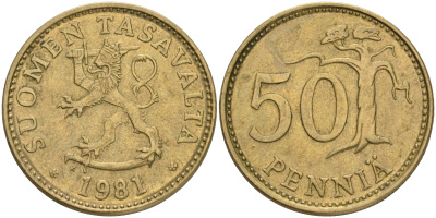 ФИНЛЯНДИЯ 50 ПЕННИ 1981 K KM 48 алюминиевая бронза 4556-217