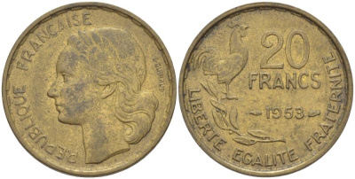 ФРАНЦИЯ 20 ФРАНКОВ 1953 ПЕТУХ, KM 917.1 алюминиевая бронза 4544-417