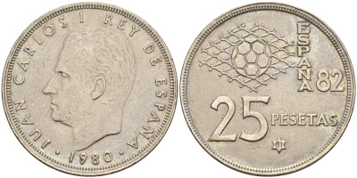 Испания 25 песет 1981 (80), Хуан Карлос I, чемпионат мира по футболу Испания 82 KM 818 медно-никель 4144-224