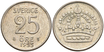 Швеция 25 эре 1953 TS, Густав VI Адольф (1950-1973) KM 824 серебро 4147-1031
