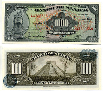 Мексика 1000 песо 1971 24 марта 1971, серия BKS Pick 52t бумага UNC (пресс) 000-000-00