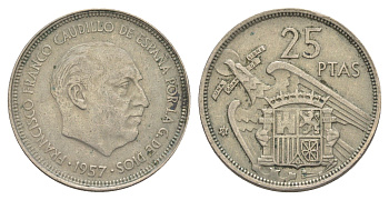 Испания 25 песет 1957 (58) Франсиско Франко (1939-1975) KM 787 медно-никель 4616-435