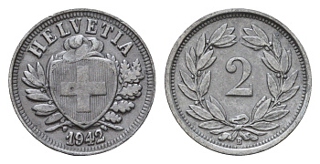 Швейцария 2 раппена 1942 B KM 4.2b цинк 46-942