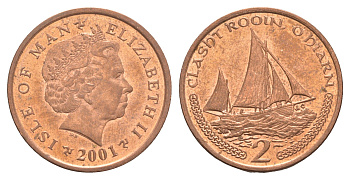 Остров Мэн 2 пенса 2001 Елизавета II (1952-2022) KM 1037 сталь плакированная медью 4652-736