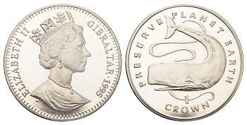 Гибралтар 1 крона 1995 Заповедник планета Земля - Кашалот KM 308 медно-никель BU 1524-1843