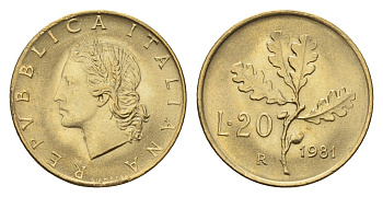 Италия 20 лир 1981 R, дубовые листья KM 97 алюминиевая бронза 4685-142