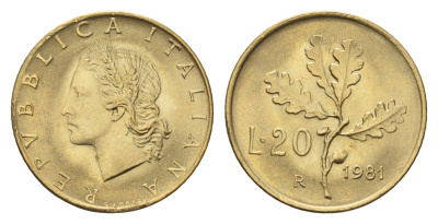 Италия 20 лир 1981 R, дубовые листья KM 97 алюминиевая бронза 4685-142