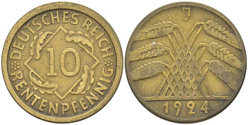 ГЕРМАНИЯ 10 РЕНTЕНПФЕННИГОВ 1924 J KM 33, J. 309, Weege 8 алюминиевая бронза 210-332