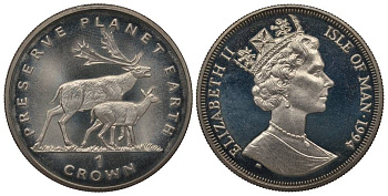 ОСТРОВ МЭН 1 КРОНА 1994 СОХРАНИМ ПЛАНЕТУ ЗЕМЛЯ, ОЛЕНИ KM 387 медно-никель UNC 1068-5-11