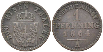 ПРУССИЯ 1 ПФЕННИГ 1864 А, ВИЛЬГЕЛЬМ I (1861-1888) KM 480 медь 201-541