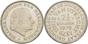 Нидерланды 2 1/2 гульдена 1979 400 лет Утрехтскому союзу, Юлиана (1949-1980) KM 197 никель 82-1235