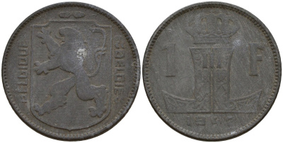Бельгия 1 франк 1942 Belgique - Belgie, Леопольд III (1934-1947), германская оккупация, Вторая мировая война KM 127 цинк 4161-452