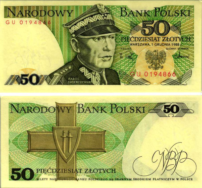 Польша 50 злотых 1988 Кароль Сверчевский, знак Грюнвальдского ордена Pick 142 c бумага аUNC 8607-70-1-1