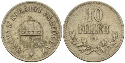 Венгрия 10 филлеров 1915 KB, Франц Иосиф I (1848-1916) KM 494 медь никель цинк 4151-1123