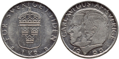 Швеция 1 крона 1999 Карл XVI Густав (1973- ) KM 852a медно-никель 89-1132