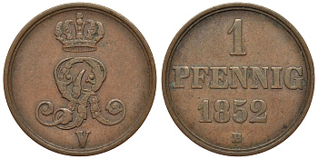 Ганновер 1 пфенниг 1852 B, Георг V, год тип KM 216, AKS 154, J. 82 медь 4594-265