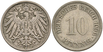 Германия 10 пфеннигов 1906 F KM 12, J. 13 медно-никель 4575-612
