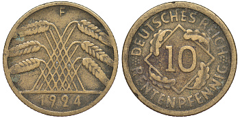 Германия 10 рентенпфеннигов 1924 F KM 33, J. 309 алюминиевая бронза 4604-647