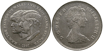 Великобритания 25 пенсов 1981 Королевская свадьба принца Чарльза и леди Дианы, Елизавета II (1952-2022) KM 925, Spink 4229 медно-никель 118-513