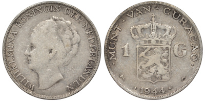 Нидерландское Кюрасао 1 гульден 1944 D, Вильгельмина (1890-1948) KM 45 серебро 36-557