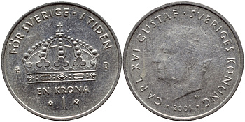 Швеция 1 крона 2001 Карл XVI Густав (1973- ) KM 894 медно-никель 4364-2731